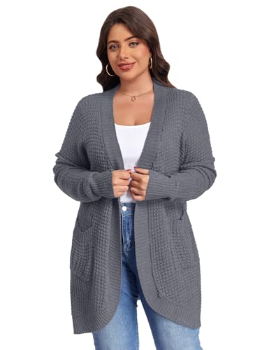 Image of LARACE Long Cardigans for Women Plus Size Tops Open Front Sweaters with Pockets Waffle Ribbed Sleeve Loose Fall Outwear