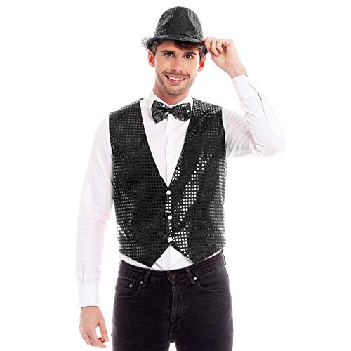 Chaleco Lentejuelas Hombre Mujer Negro【Tallas Adulto S a L】[Talla M] Chaleco Disfraz Bailes Actuaciones Festivales Desfiles Teatro Navidad Nochevieja