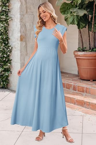 Image of OUGES Women's Maternity Dress Summer Ruffle Sleeve Patchwork Casual Flowy Maxi Dresses with Pockets