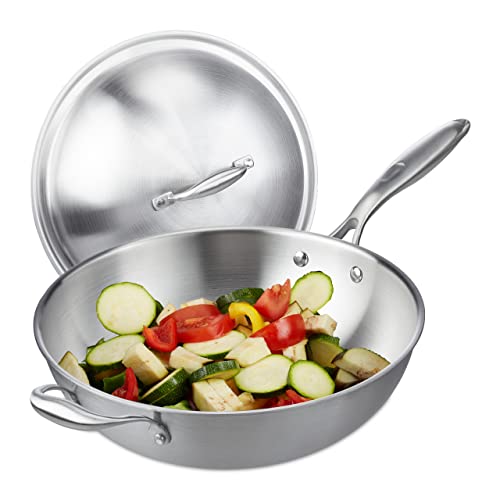 Relaxdays Wok, 32 cm, Edelstahl unbeschichtet, Gas-, Elektro-, Induktionsherd, Wokpfanne mit Deckel & Griff, silber 10038407, 23 x 60 x 32 cm
