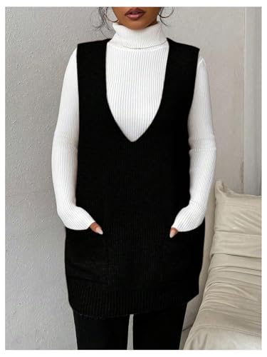 SHENHE Women's Deep V Neck Long Sweater Vest Casual Loose Knit Tunic Pullover with Pockets3