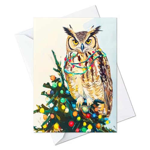 Great Horned Owl Tangled in Christmas Lights Greeting Cards - Cards with Envelopes - (Set of 10) Lar