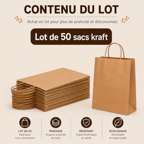 Sac Papier Kraft Brun avec Poignées Torsadées – Lot de 50 Sacs Kraft Alimentaires Épais 21 x 11 x 27 cm – Sacs Cabas Résistants à Fond Plat pour Boutique, Snack et Vente à Emporter – vue 6