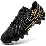 DimaiGlobal Kids Soccer Cleats Boys Girls Firm Ground Soccer Shoes Outdoor Training Athletic Professional Spikes Youth Turf Football Shoes Unisex Black/Gold