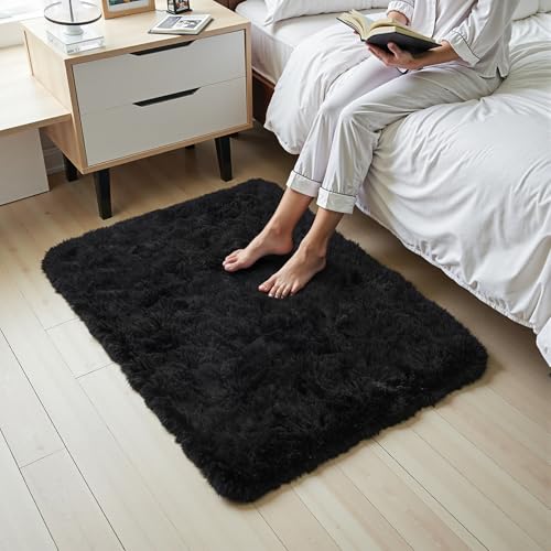 Small Bedside Rug, 2x3 Non Slip Fluffy Shaggy Entryway Throw Rugs for Bedroom Living Room, Indoor Floor Carpet for Kids Girls and Boys, Nursery Rooms Mat, Home Decor Aesthetic, Black
