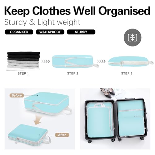 Compression Packing Cubes for Travel,Waterproof Packing Compression Cubes for Travel Packing Organizers,Luggage Cubes for Packing,Ultralight Expandable Packing Cubes Compression (Blue 5 Pack)2