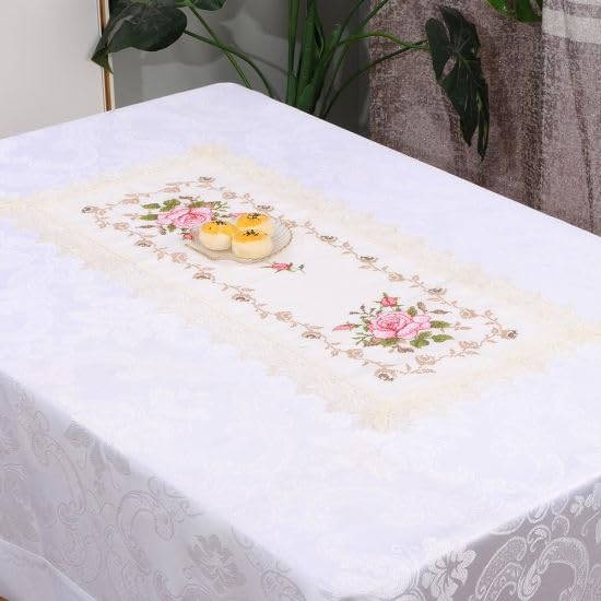 Image of MONKDECOR (O.F) Cut Work Cross-Stitch Embroidery Centre Table Runner (Size-16x33 Inches)- White & Pink Color
