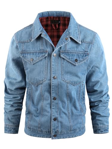 Men's Denim Jacket Lined Flannel Plaid Vintage Cowboy Cut Western Classic Trucker Motorcycle Snap Fall Long Sleeves3