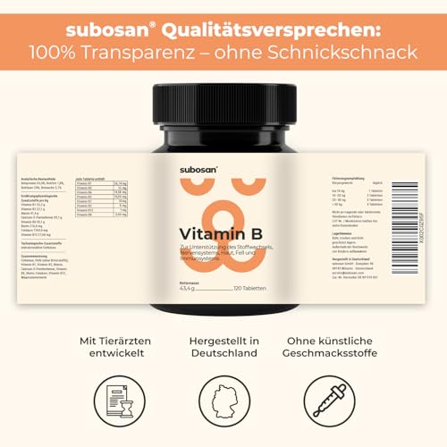 Vitamin B Komplex für Hunde - 120 Tabletten - Hochdosiert: Mit 8 B-Vitaminen (B1, B2, B3, B5, B6, B7, B9, B12) - Mit Tierärzten entwickelt, laborgeprüft & produziert in Deutschland