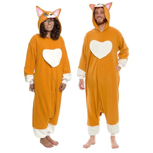 Funziez! Adult Onesie Halloween Costume - Animal Dinosaur Shark - Unisex Plush One Piece Cosplay Suit for Adults, Men and Women (Medium, Brown)