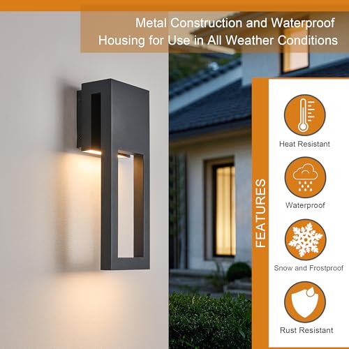 Image of 2-Pack Outdoor LED Lights Dimmable, 3000K Integrated LED 2x10W, 15 inch Modern Textured Black Outdoor Wall Sconce, IP65 Waterproof, Exterior Wall Light for Entrance, Hallway, Garage, Porch