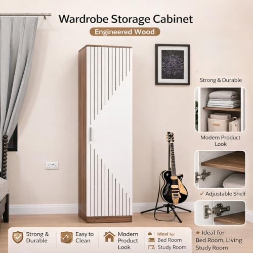 Image of Spyder Craft Fraser Single Door Engineering Wood Wardrobe for Clothes, Stylish Cupboard for Bedroom, Multi Utility Design with Multirack Storage Color - Wood Brown