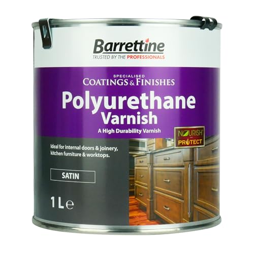 Barrettine Polyurethane Varnish (Satin 1L) - Highly Durable Polyurethane Wood Varnish with Clear Gloss Finish for Internal Doors & Joinery Kitchen Furniture & Worktops