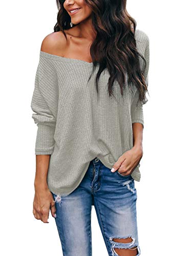 iGENJUN Women's Casual V-Neck Cold Shoulder Batwing Sleeve Pullover Sweater Tops,Light Green,M