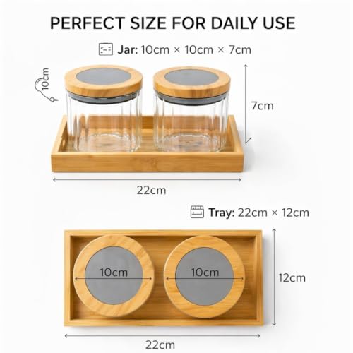 Image of Borosilicate Transparent Striped Glass Storage Jar Set with Bamboo Tray, Set of 2 (500ml) Airtight Round Glass Containers with Bamboo Lids & Silicone Seal, Dry Fruit Storage Jars for Spice