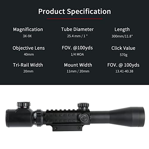 Cannocchiale Tattico ToopMount 3-9x40EG - Con Montatura Weaver/Picatinny, Per Caccia E Airsoft - Foto 6