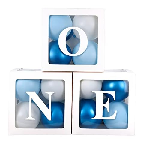 1st Birthday Decorations, ONE Balloon Boxes with 24pcs Balloons for Birthday Decoration, ONE Blocks Design for Baby 1st Birthday Backdrop Favor, First Birthday Photo Props (Blue & White) Cover