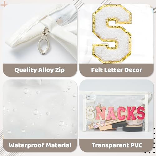 Y1tvei Large Clear SNACKS Pouch - Preppy Patch Rose Red Chenille Varsity Letter PVC Transparent Extra Large Cosmetic Makeup Bag Portable Waterproof Travel Organizer Toiletry Bag for Women(White)4