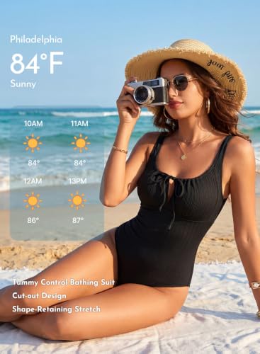 Image of Aleumdr Womens Textured One Piece Swimsuit Tummy Control Bathing Suit Tie Knot Cutout Swimwear