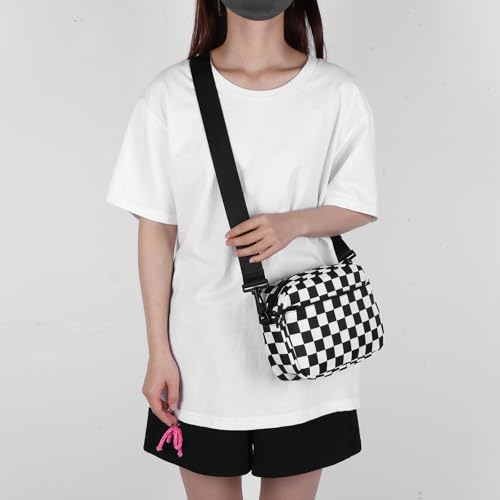 Small Crossbody Bag Checkered Purses for Women Nylon Shoulder Handbag Purse Camera Bag with Guitar Strap2