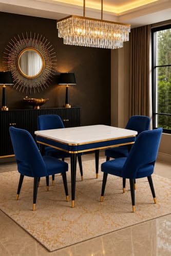 Image of WOODEN SPACE 4 Seater Wooden Dining Table Set | Urban Marble Top Dining Table with Chairs for Dining Room & Kitchen (Modern Vintage Navy Blue) (54 x 36 x 30 inch)
