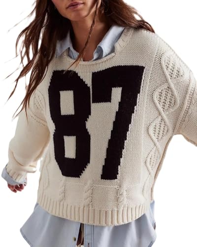 Graphic Number Letter Pullover Cable Knit Sweater for Women Oversized Colorblock Crochet Long Sleeve Top2