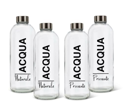 BrandPrint Lot de 4 bouteilles en verre modèle EOS de 1 litre, sérigraphiées avec bouchon à vis (2 naturale et 2 frizzante).Serigraphié en langue Italienne