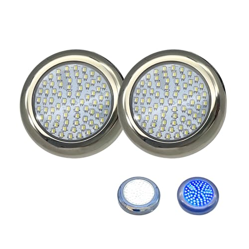 Vcanuplms Boat Underwater Light Dual-Color Blue & White - 3.5inch Marine LED Lights with 316 Stainless Steel, 12V DC Surface Mount Waterproof Light for Fishing Boat, Yacht, Dock Parties (2pcs)