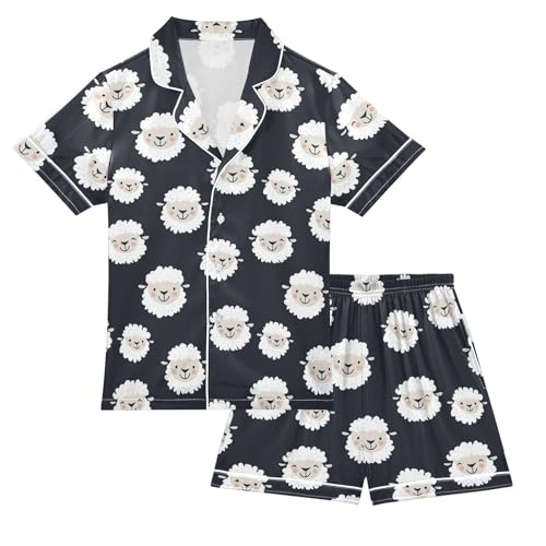 Cute cartoon Sheep Summer Satin Pajama Set, Cute Button-Down Sleepwear Pj Set for Sleep Wears
