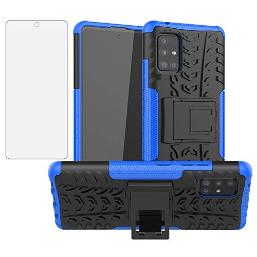Phone Case for Samsung Galaxy A71 5G with Tempered Glass Screen Protector Cover and Stand Kickstand Hard Rugged Hybrid Protective Cell Accessories Glaxay A 71 G5 Gaxaly 71A S71 Cases Women Black Blue