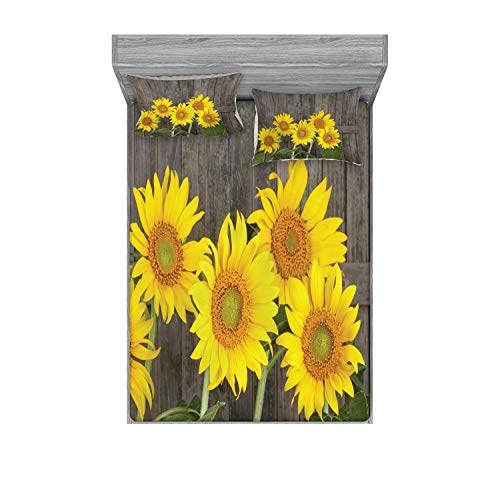Ambesonne Sunflower Fitted Sheet & Pillow Sham Set, Helianthus Sunflowers Against Weathered Aged Fence Summer Garden Photo, Decorative Printed 3 Piece Bedding Decor Set, Calking, Brown Yellow