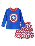 Disney Marvel Avengers Superhero Captain America Boys Swim Set Vacation Swimsuit Blue Bathing Suit Child Swimwear Set Rash Guard Shirt & Swim Trunks Big Boy Clothes UPF 50+ Two Pieces Outfit 6-7 Years