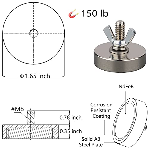 Mutuactor 2Pcs 150Lb Super Powerful Neodymium Round Magnet With M8 Male Threaded Stud,Strong Magnetic Mounting For Lightings, Tools ,Fixtures And Diy Hardware Assembly #TOP1