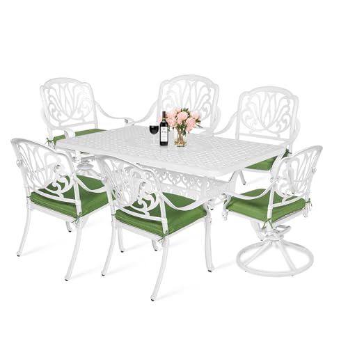 Image of MEETWARM 7-Piece Outdoor Patio Dining Set, All-Weather Cast Aluminum Patio Conversation Set with 2 Swivel Rocker Chairs, 4 Stationary, 1 Rectangular Table, 6 Cushions, 2 inch Umbrella Hole, White