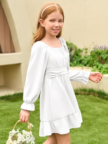 Haloumoning Girls Long Sleeve Dress Kids Square Neck Tie Backless Ruffle A-Line Mini Dresses 5-14 Years4
