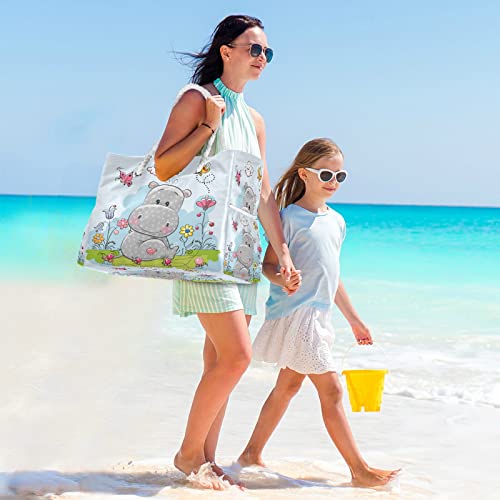 Orezi Large Zip Tote Beach Bag ,Oversize Cute Cartoon Hippo Tote Bag Shoulder Bag Weekender For Gym Beach Travel Pool Yoga Nurse, One Size #TOP6