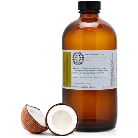 PureC60OliveOil C60 Organic MCT Coconut Oil 500ml / 16.9 Fl Oz - 99.95% Carbon 60 Solvent Free 200mg - Amber Glass Bottle - Carbon 60 Coconut Oil - From The Leading Global Producer Cover