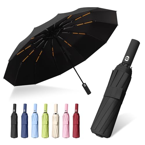 FANSEZQ ANSEZQ Windproof Travel Umbrella - Automatic Open Close, 24 Ribs Heavy Duty Compact Folding Umbrella, UV Protection Rain Umbrella for Men and Women (black)
