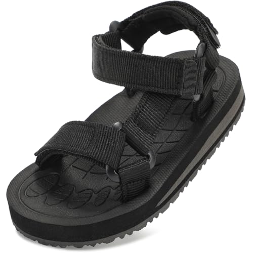 WIDE TOE BOX Toddler Boy Sandals Open-Toe Arch Support Boys Wide Summer Shoes Lightweight Non-slip Beach Shoe for Kids with Adjustable Straps All Black Toddler Size 7
