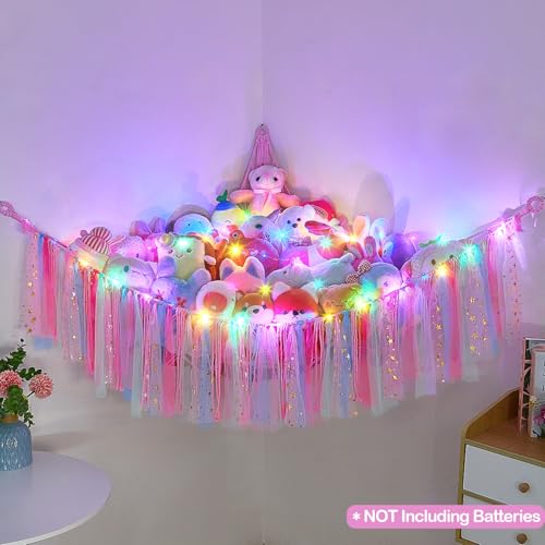 Image of FIOBEE Stuffed Animals Net LED Light Toy Hammock for Kids Bedroom Storage