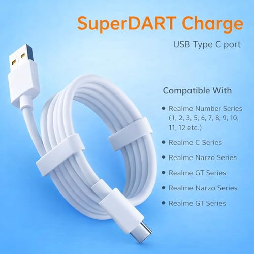 Image of Realme 80W SuperDART USB A to Type C Cable 7Amp Compatible with Realme 16 Pro plus /GT 8 Pro /13 Pro Plus /12 Pro+ /12Pro /10 Pro+ /9 Pro /P4x /7 /P4 / 60 Pro /50 Pro - Type-C Charge 65W SuperDart Cord, White