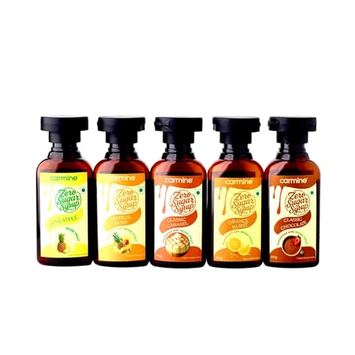 Image of Carmine Zero Sugar Syrups - Combo of 5 Syrups (Pineapple, Tropical Bliss, Classic Caramel, Classic Chocolate and Orange Burst), 60 g each