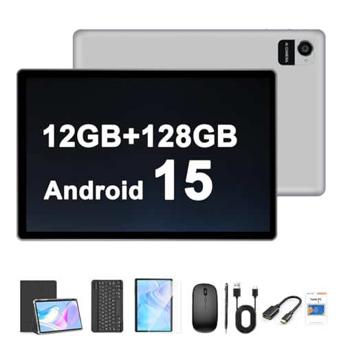 Crelander 10,1 Zoll Android 15 Tablet, 12GB+128GB Android Tablet, 8000mAh Akku, 1280x800 Touchscreen, 5G Bluetooth/WiFi, Bundle mit Hülle, Tastatur, Maus & Stylus (Grau)