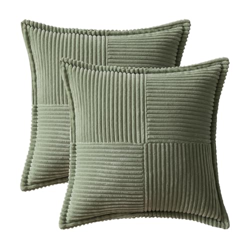 Image of MIULEE Decorative Throw Pillow Covers for Couch Bed Livingroom 20x20 Inch Set of 2 Light Olive Green Boho Accent Throw Pllows Broadside Striped Patchwork Soft Corduroy Summer Pillowcases