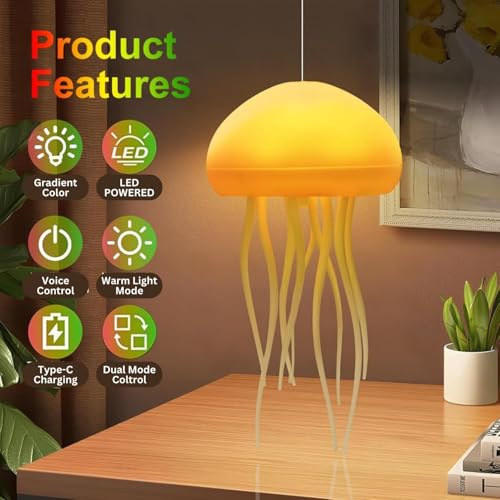 Image of IXWQ Jellyfish LED Night Light Lamp Color Changing Baby Room Decor Dancing Legs for Kids, Girls, Boys Ocean Lovers Aesthetic Ambient Rechargeable Light with Hanging Base,Birthday,Diwali Gift