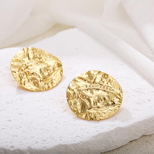 AOLIMI Chunky Gold Round Stud Earrings for Women Trendy Large Disc Earrings Hammered Texture Earrings Vintage Jewelry by AOLIMI - Image 3