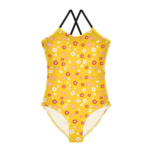senya Girls Swimsuits One-Piece Swimwear Tie Bathing Suit Beach Summer Round Neck 5-6T Red Pink White Flowers Yellow