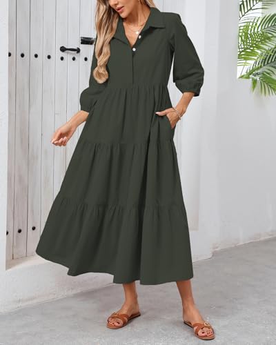 Image of Women Button Down Maxi Shirt Dress Long Sleeve Flowy Tiered Collared Dresses with Pockets