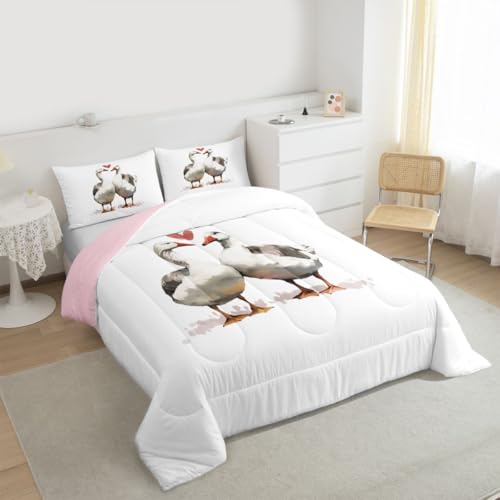 Image of Erosebridal Geese Valentine King Comforter Set Cartoon Ducks Bedding Set for Kids Teens Goose Duck Couple Decor Comforter Kawaii Farm Animals Quilt
