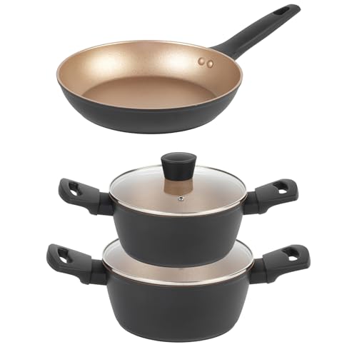Russell Hobbs COMBO-8592 3-Piece Pan Set, Includes 24 cm Frying Pan and 20/24cm Stockpots, Induction Hob Suitable, Non-Stick, Dishwasher Safe, PFOA-Free, 7 x Tougher, Opulence Collection, Black/Gold